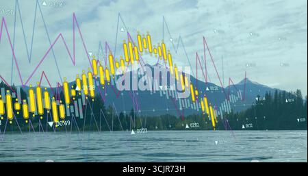 Displaying yellow candlesticks hovering over mountain lake, magenta blue lines, markers, timestamps Stock Photo