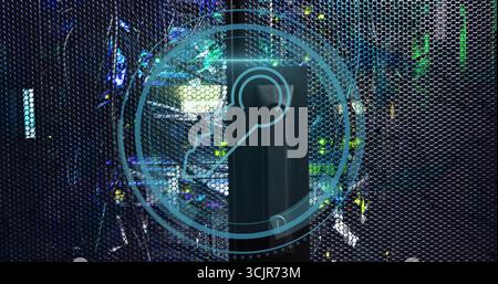 Glowing status LEDs illuminating server rack behind mesh door in data center, showing lock overlay Stock Photo