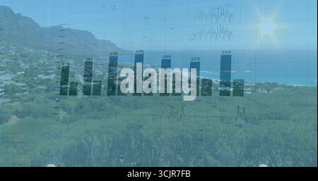 Displaying translucent bar chart overlay over coastal hillside, with grid lines and numeric labels Stock Photo