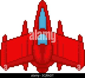 Pixel art red spaceship video game asset. 8-bit style starship vector isolated on white. Stock Vector