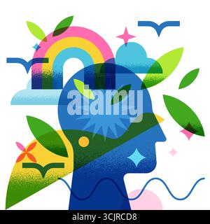 Abstract creative human head with rainbow, clouds, leaves, flying birds. Vector flat geometric illustration. Concept for creativity, imagination, free Stock Vector