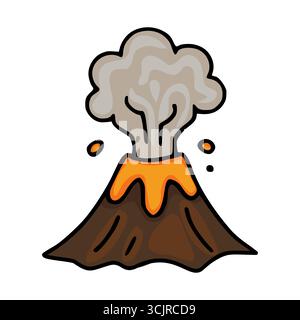 Adorable vector illustration of a cartoon volcano erupting with orange lava and grey smoke, featuring a playful hand-drawn style and bold outlines. Stock Vector
