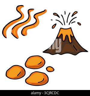 A playful vector illustration featuring a cartoon volcano erupting orange lava, accompanied by stylized orange lava drops and wavy lines suggesting st Stock Vector