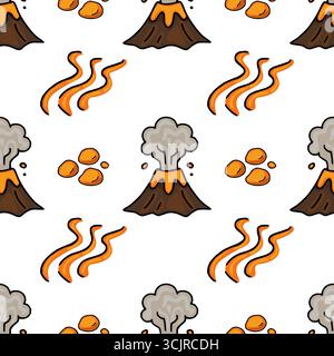 Seamless vector pattern featuring hand-drawn cartoon volcanoes erupting orange lava and smoke, accompanied by scattered rocks and lava flows, creating Stock Vector