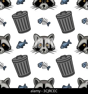 Seamless vector pattern featuring playful raccoon faces, trash cans, whole fish, and fish skeletons, creating a quirky and humorous illustration. Stock Vector