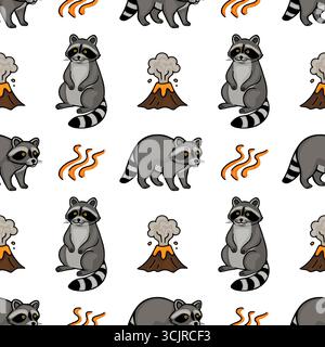 Seamless vector pattern featuring playful raccoons and erupting volcanoes, creating a whimsical and adventurous design ideal for various applications. Stock Vector