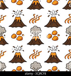 Seamless vector pattern of cartoon volcanoes erupting lava, rocks and smoke, perfect for kids illustrations or playful designs. Stock Vector