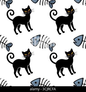 Seamless vector pattern featuring stylized black cats with curled tails and grey fish skeletons on a white background, creating a playful and whimsica Stock Vector
