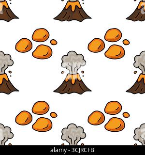 Seamless vector pattern featuring cartoon volcanoes erupting orange lava and grey smoke, accompanied by scattered orange lava drops on a white backgro Stock Vector