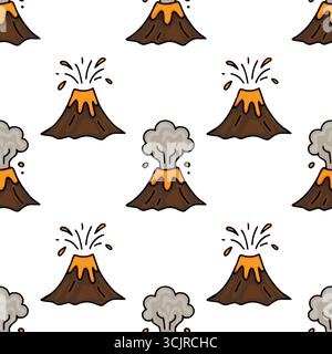 Seamless vector pattern featuring hand-drawn illustrations of volcanoes in various eruptive stages, showcasing a playful yet informative style with or Stock Vector