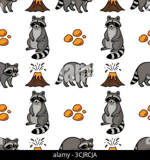 Seamless vector pattern featuring adorable cartoon raccoons, erupting volcanoes, and golden lava drops, creating a playful and adventurous design idea Stock Vector