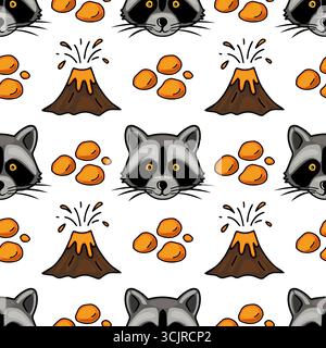 Seamless vector pattern featuring playful raccoon faces, erupting volcanoes, and scattered orange lava drops, creating a quirky and vibrant design. Stock Vector