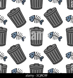 Seamless vector pattern featuring dark grey trash cans and stylized fish bones on a white background, creating a quirky and slightly unsettling repeat Stock Vector