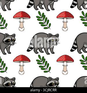 Seamless vector pattern featuring adorable raccoons, vibrant red mushrooms with white dots, and lush green leaves, creating a charming woodland illust Stock Vector