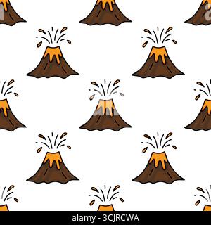 Seamless vector pattern of erupting volcanoes with orange lava and dark brown mountains, a playful cartoon style illustration perfect for kids designs Stock Vector