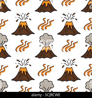 Seamless vector pattern of cartoon volcanoes erupting lava and smoke, featuring orange and brown color palette, perfect for kids illustrations or natu Stock Vector