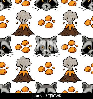 Seamless vector pattern featuring playful raccoon faces, erupting volcanoes, and scattered orange lava drops, creating a whimsical and energetic desig Stock Vector