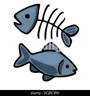A vector illustration featuring a stylized whole fish and its skeleton, rendered in cool-toned blues with bold black outlines, creating a striking con Stock Vector