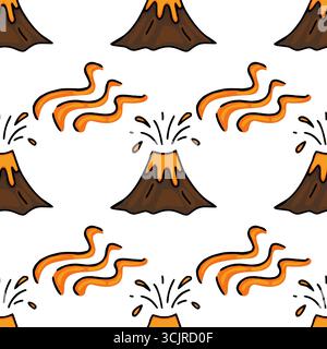 Seamless vector pattern featuring erupting volcanoes with orange lava flows and splashes, a playful and stylized design perfect for kids products or v Stock Vector
