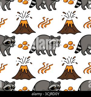 Seamless vector pattern featuring playful raccoons near erupting volcanoes, orange lava, and rocks, creating a whimsical and vibrant design perfect fo Stock Vector