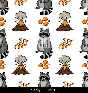 Seamless vector pattern featuring adorable cartoon raccoons, erupting volcanoes, and orange lava rocks, creating a playful and whimsical design. Stock Vector