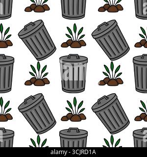 Seamless vector pattern featuring cartoon-style gray trash cans and sprouting plants on a white background, creating a playful yet slightly quirky des Stock Vector