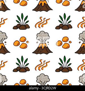 Seamless vector pattern featuring hand-drawn illustrations of volcanoes erupting, lava flows, rocks, and sprouting plants, creating a playful yet dyna Stock Vector