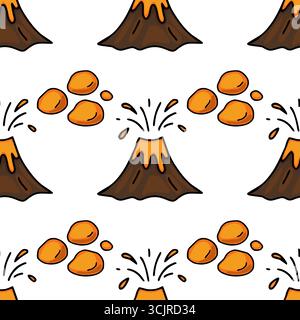 Seamless vector pattern featuring cartoon volcanoes erupting orange lava and rocks, creating a playful and vibrant design ideal for kids products or f Stock Vector