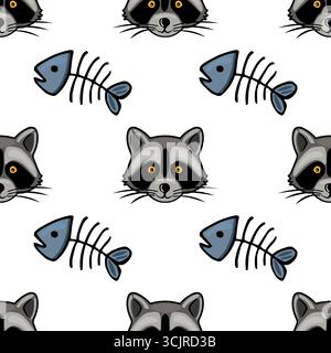 Seamless vector pattern featuring playful raccoon faces and fish skeletons, creating a whimsical and repeating design ideal for textile prints or chil Stock Vector