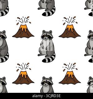 Seamless vector pattern featuring adorable cartoon raccoons and erupting volcanoes, creating a playful and whimsical design perfect for kids products Stock Vector
