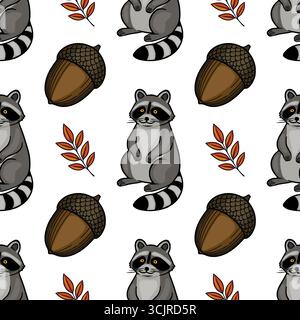 Adorable Seamless Vector Pattern Featuring Cartoon Raccoons, Acorns, and Autumn Leaves on a White Background, Perfect for Fall-Themed Designs. Stock Vector