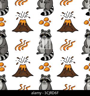 Seamless vector pattern featuring adorable cartoon raccoons and erupting volcanoes, creating a playful yet subtly adventurous design. Stock Vector