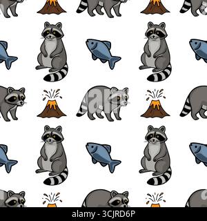 Seamless vector pattern featuring playful raccoons, erupting volcanoes, and fish, creating a whimsical and vibrant design ideal for kids products or n Stock Vector