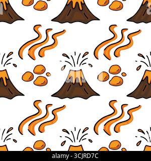 Seamless vector pattern featuring playful cartoon volcanoes erupting orange lava, accompanied by flowing lava streams and scattered volcanic rocks on Stock Vector