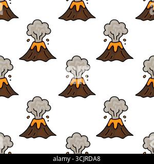 Seamless vector pattern of erupting volcanoes with orange lava and grey smoke, designed in a hand-drawn cartoon style, perfect for kids illustrations Stock Vector