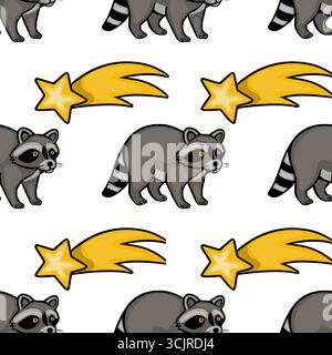 Seamless vector pattern featuring playful raccoons and shooting stars, a whimsical design perfect for childrens products or joyful backgrounds. Stock Vector