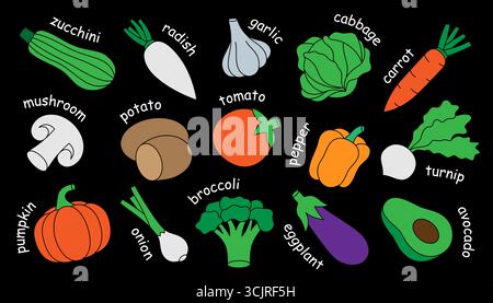 Colorful vegetables with names. Chili pepper, carrot, tomato, mushroom, bell pepper, avocado, pumpkin, broccoli, cabbage, turnip, eggplant Stock Vector