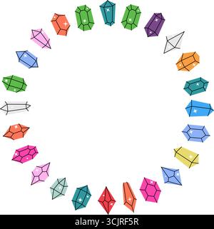 Colored crystals in circle. Magic gem stones. Crystals of various geometric shapes and sizes Stock Vector
