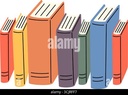 Colorful books in a row. Flat vector illustration of various sizes and colors for library or education themes Stock Vector