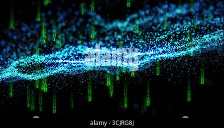 Glowing turquoise particle wave streaming through virtual space, with falling green binary digits Stock Photo