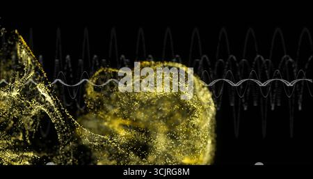 Swirling golden particle cloud flowing across digital void, with white oscillating waveform lines Stock Photo