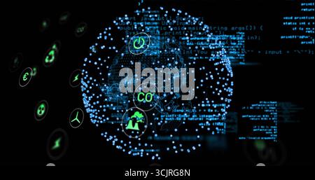 Displaying central network sphere floating in virtual interface, with blue code and green icons Stock Photo
