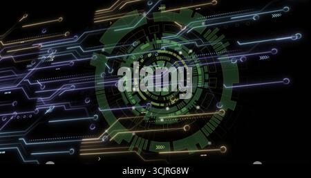 Displaying green multiringed interface glowing on dark HUD, with circuit traces, pointers and nodes Stock Photo