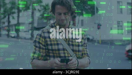 Man in plaid shirt checking smartphone on city street, with messenger bag, wristwatch, data overlay Stock Photo
