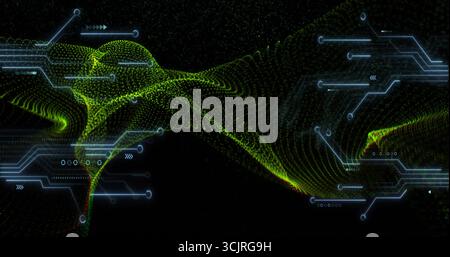 Displaying green 3D particle wave flowing via digital network with blue circuitry featuring nodes Stock Photo