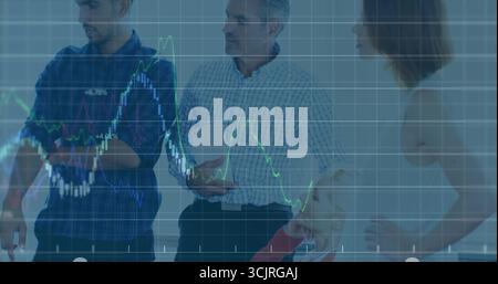 Four professionals in business attire discussing projections in boardroom with display, tablet Stock Photo