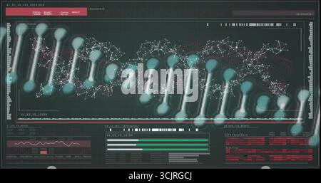 Displaying DNA double-helix model glowing in lab interface, with network nodes and data panels Stock Photo