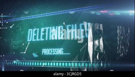 Displaying futuristic HUD in data hub, showing deleting files, glowing bar, floating particles Stock Photo