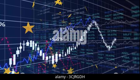 Displaying candlestick chart with trend lines tracking on screen, with star icons and percent gains Stock Photo