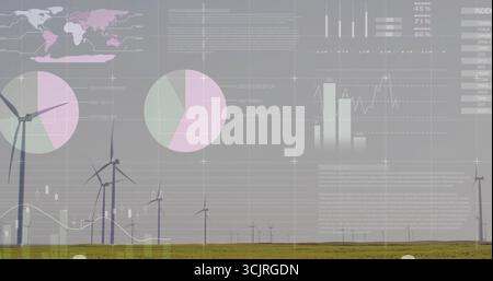 Showing multiple wind turbines spinning on grassy plain, with translucent charts and map overlay Stock Photo